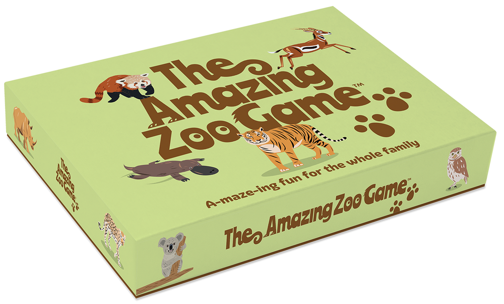 Board game box titled 'The Amazing Zoo Game' with animal illustrations on a light green background.