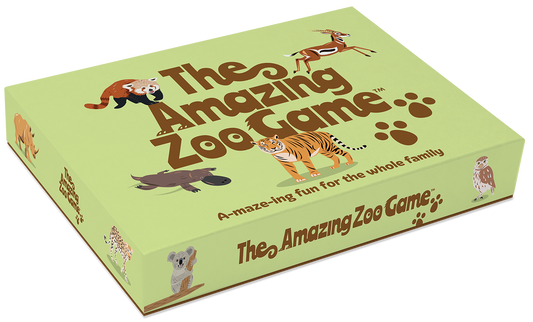 Board game box titled 'The Amazing Zoo Game' with animal illustrations on a light green background.